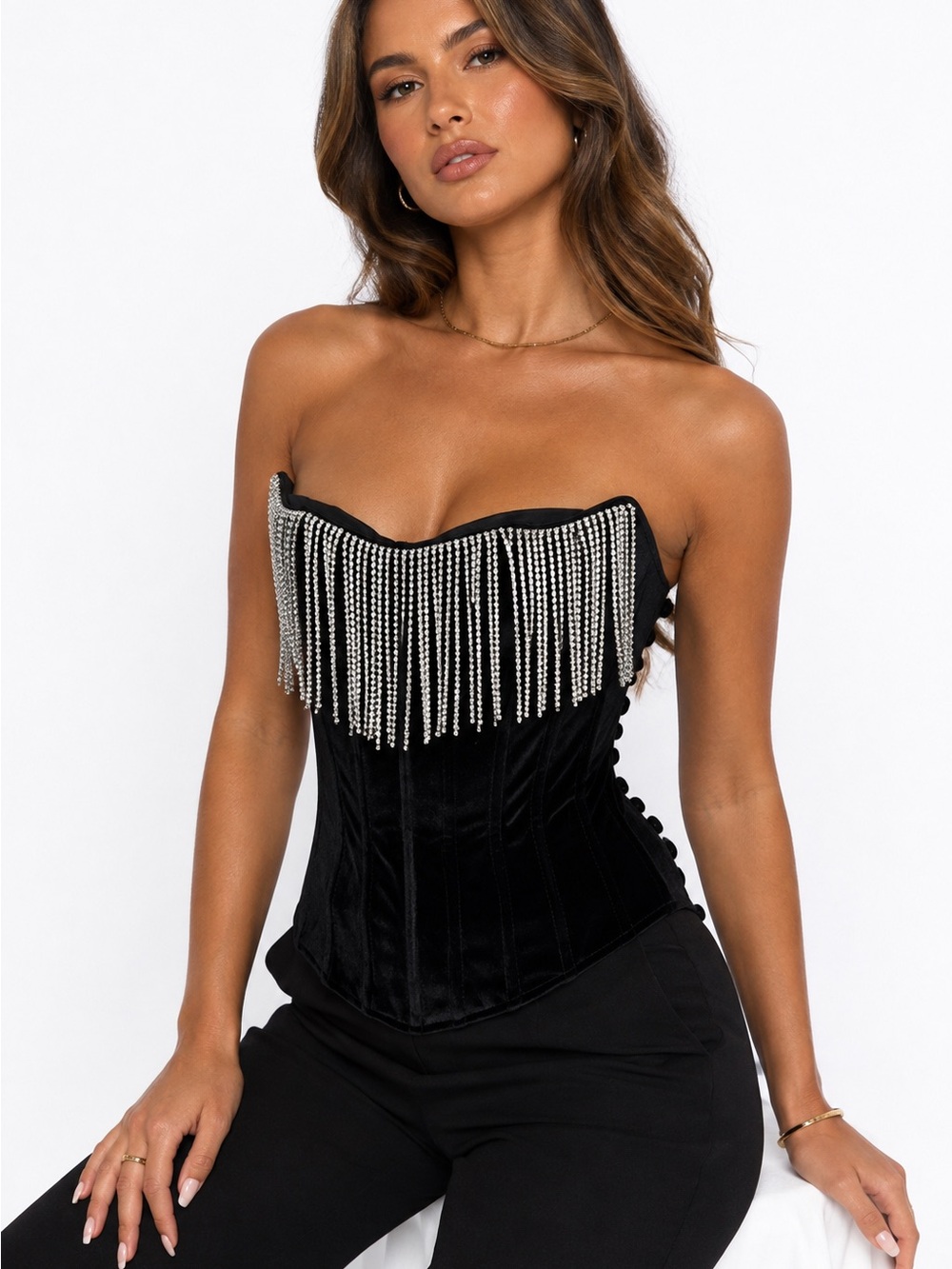 LPA Black Strapless Corset Bodysuit with Silver Chain Fringe